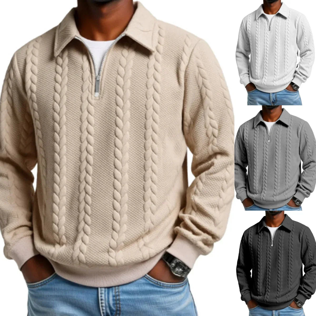 Men's Casual Half-Zip Cable-Knit Sweater
