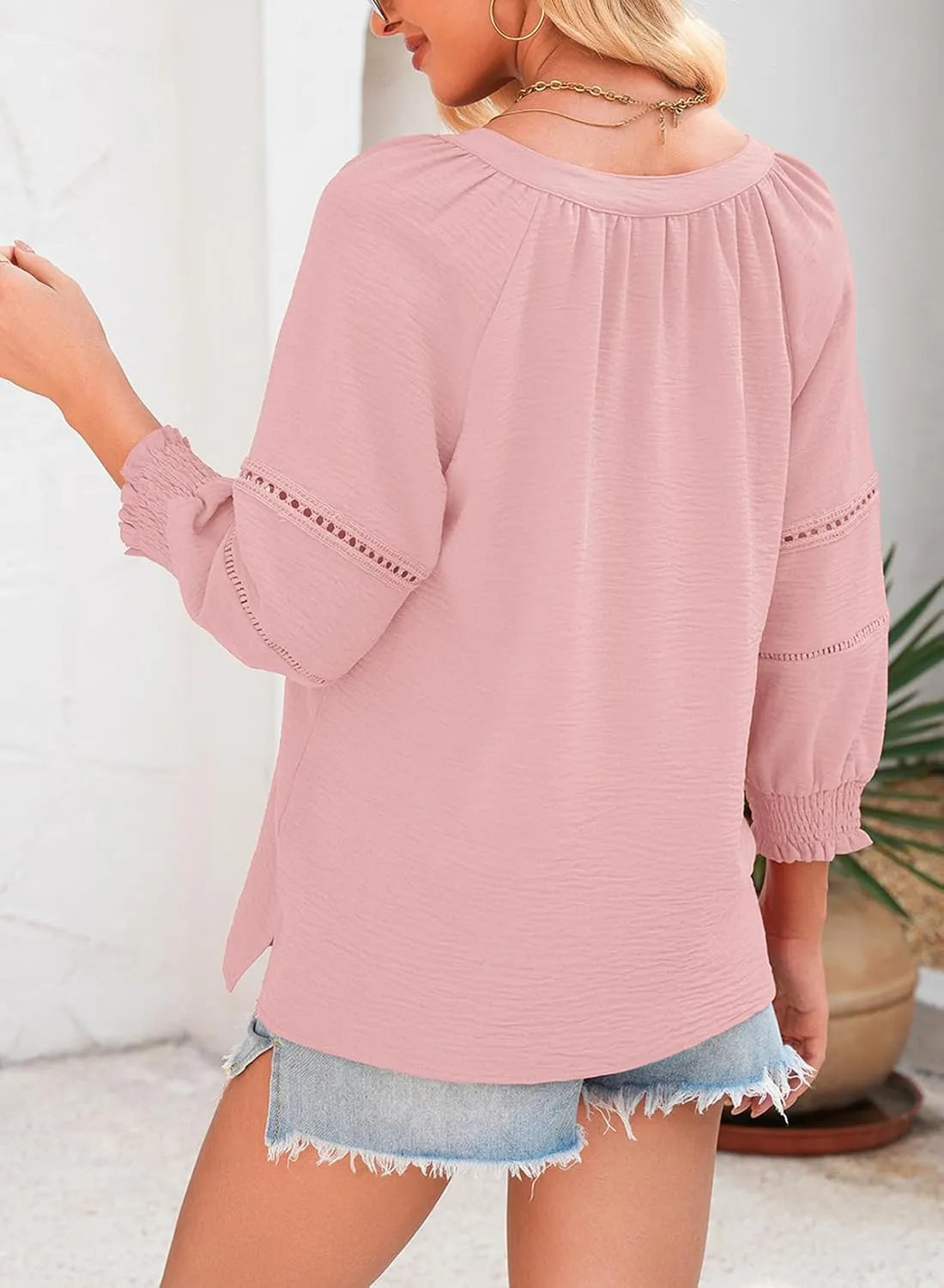 ⏳Offerta a tempo limitato⏰Camicetta da donna a maniche a 3/4 a lanterna, scollo a V, casual, pieghettata, ampia, con scavo