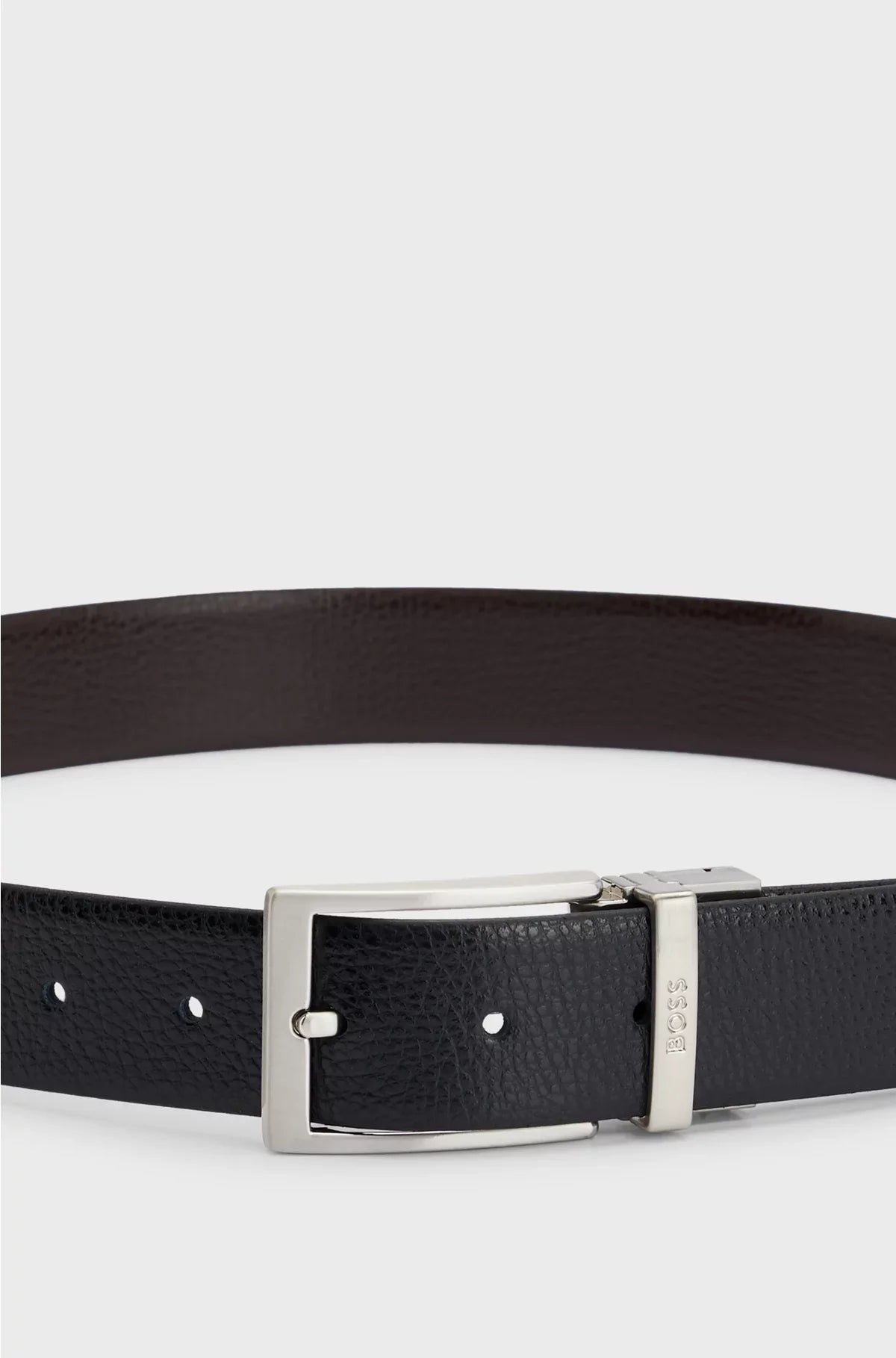 REVERSIBLE BELT IN GRAINED ITALIAN LEATHER WITH LOGO KEEPER