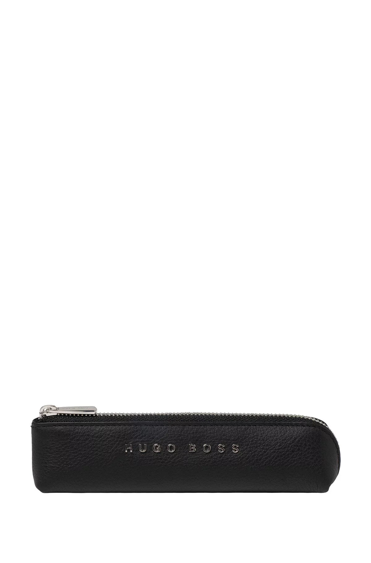 BLACK-GRAINED-LEATHER PEN CASE WITH SILVER-TONE LOGO