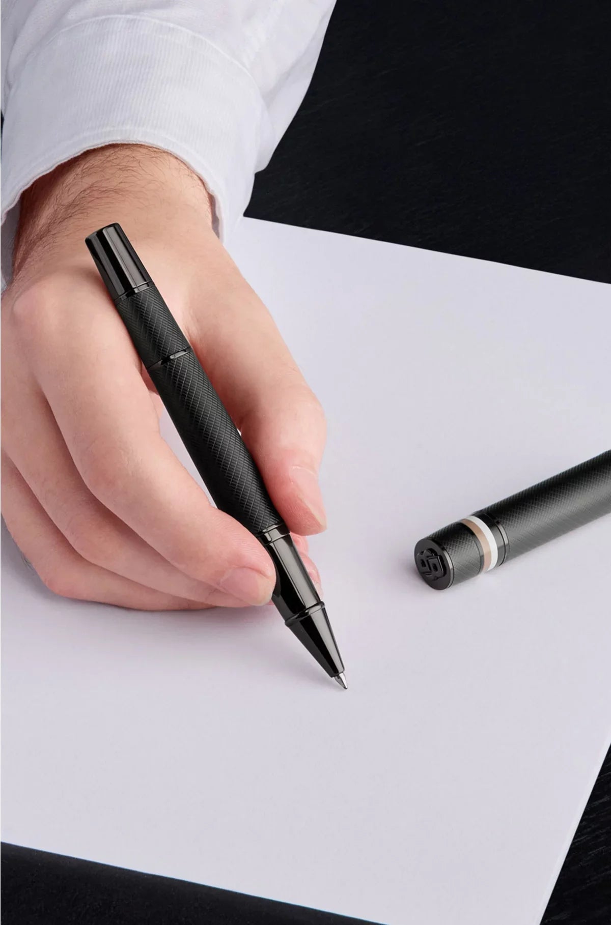 TEXTURED-BARREL ROLLERBALL PEN WITH SIGNATURE-STRIPE RING