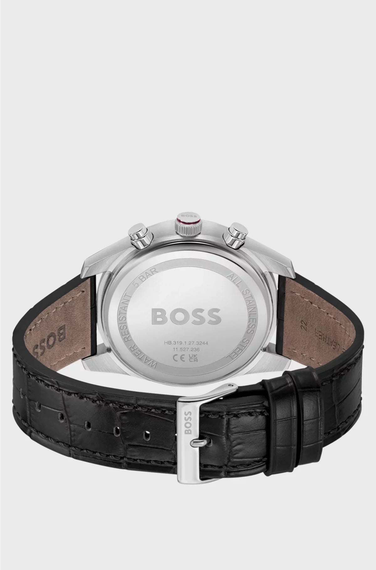 SILVER-TONE CHRONOGRAPH WATCH WITH ALLIGATOR-EMBOSSED LEATHER STRAP