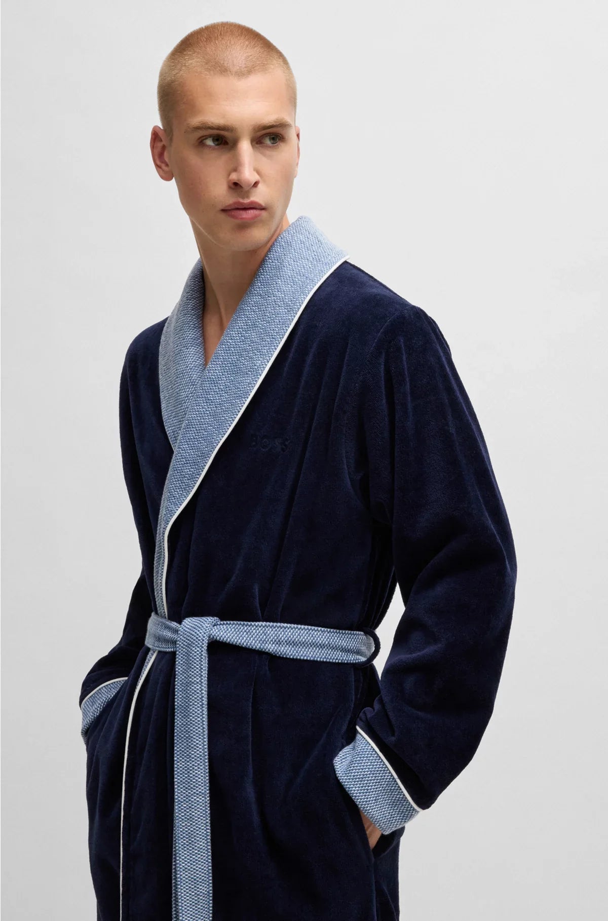 NAVY COTTON-VELVET DRESSING GOWN WITH EMBROIDERED LOGO