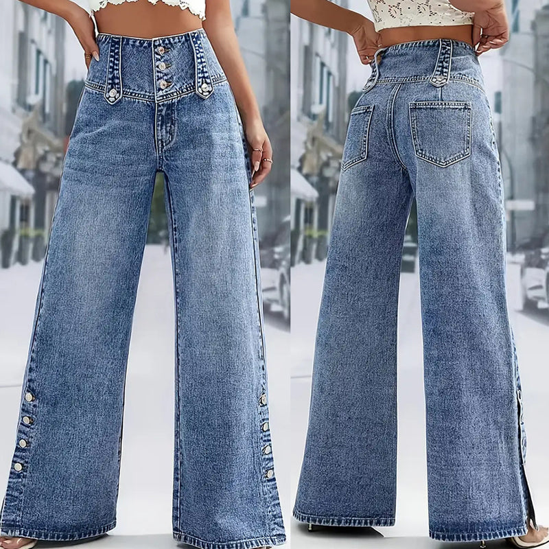 💐50% OFF ! Wide-Leg High-Waist Jeans – Trendy Side Slits & Effortless Style 👖✨【Flash Sale】