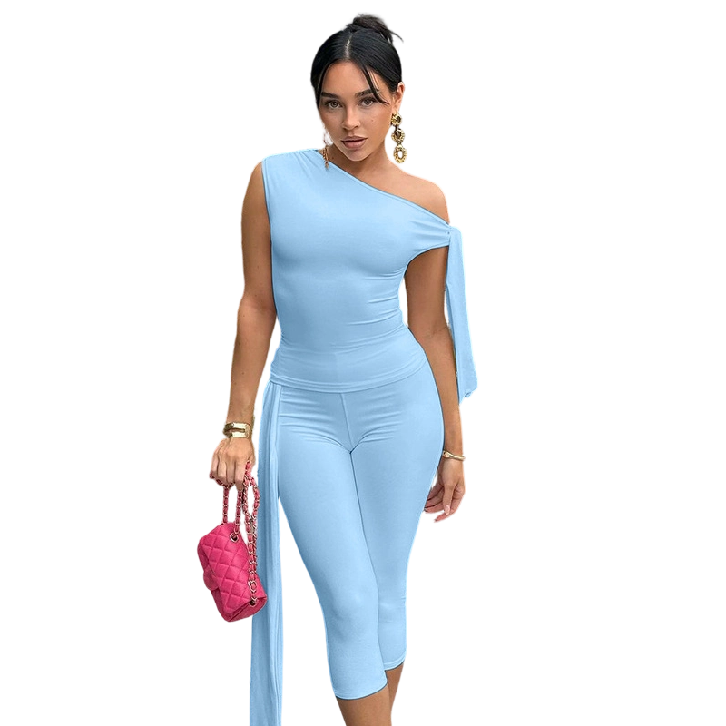 One-Shoulder Top & Capri Pants 2-Piece Set
