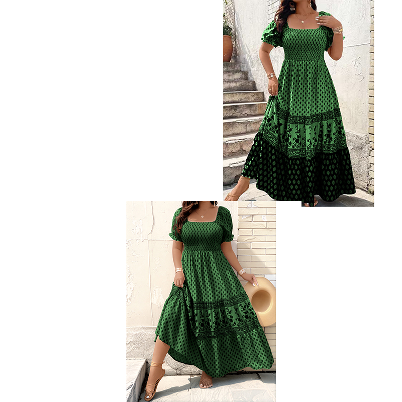 Square Neck Puff Sleeve Tiered Maxi Dress