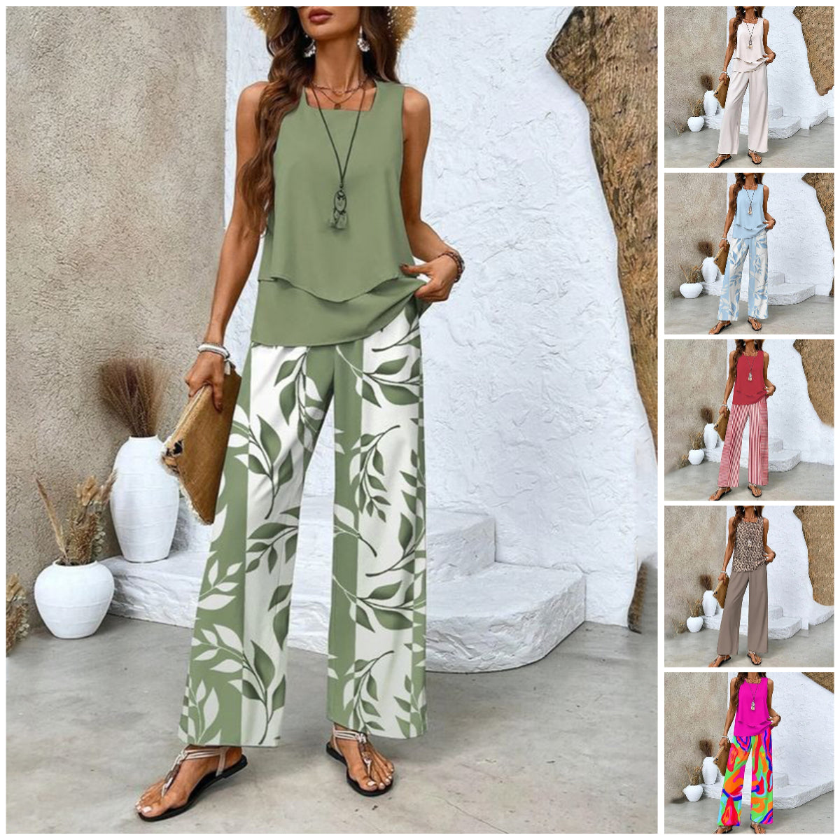 🌺 Completo due pezzi trendy da donna con stampa – Top senza maniche e pantaloni!"