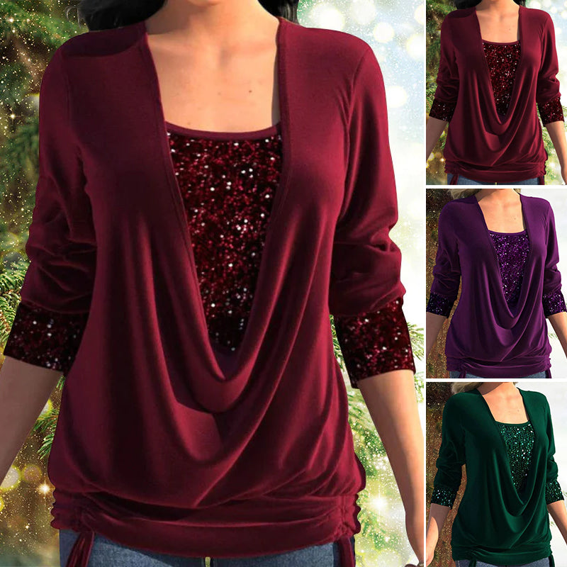 🎄Top finto due pezzi a balze larghe con paillettes