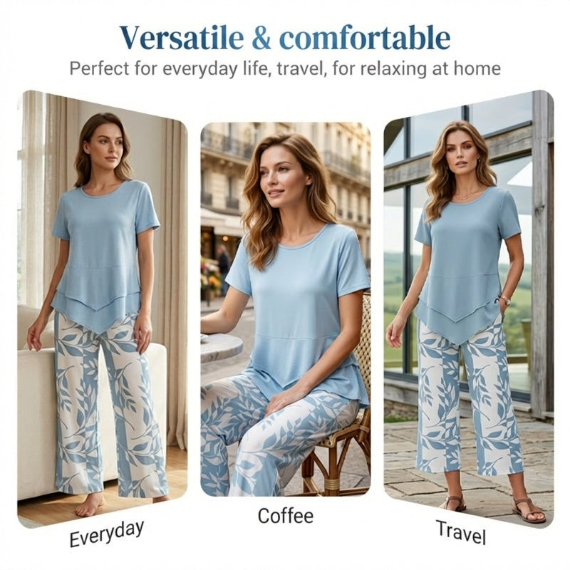 👗 OFFERTA A TEMPO LIMITATO: SCONTO 50%! 🔥 Completo 2 pezzi da donna – Top tunica asimmetrico a strati e pantaloni ampi stampati, Poliestere traspirante ✨