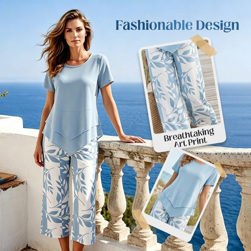 👗 OFFERTA A TEMPO LIMITATO: SCONTO 50%! 🔥 Completo 2 pezzi da donna – Top tunica asimmetrico a strati e pantaloni ampi stampati, Poliestere traspirante ✨