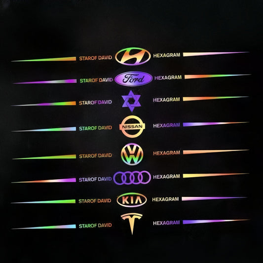 Adesivi colorati con logo auto, adesivi laser riflettenti che cambiano colore per auto, adesivi personalizzati per montante A, portiere e cofano auto.