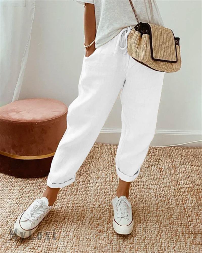 👖🌞Casual Cotton and Linen Pants for Women – Breathable, High-Waisted & Ankle-Length Elegance🤍