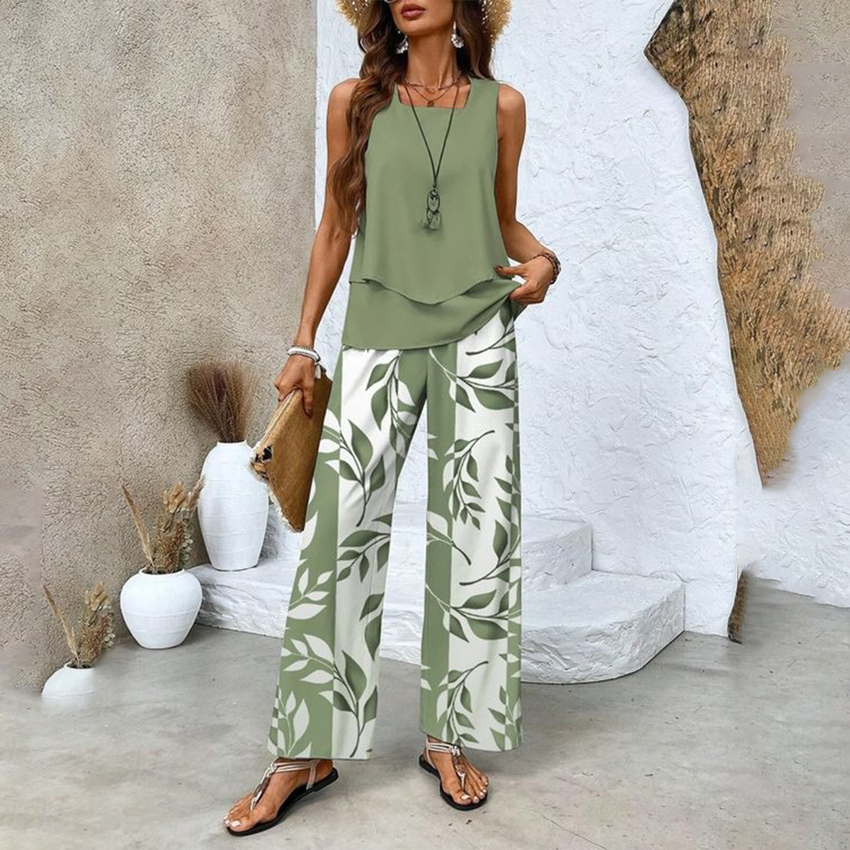 🌺 Completo due pezzi trendy da donna con stampa – Top senza maniche e pantaloni!"