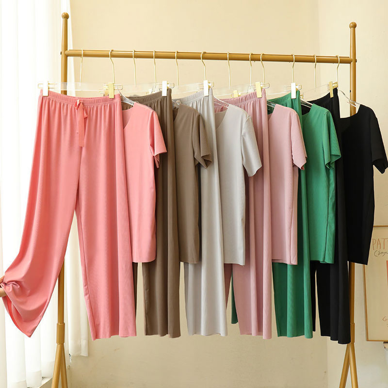 💖Offerta limitata -50%💖Completo due pezzi morbido e confortevole in seta ghiaccio a maniche corte e pantaloni larghi a gamba larga