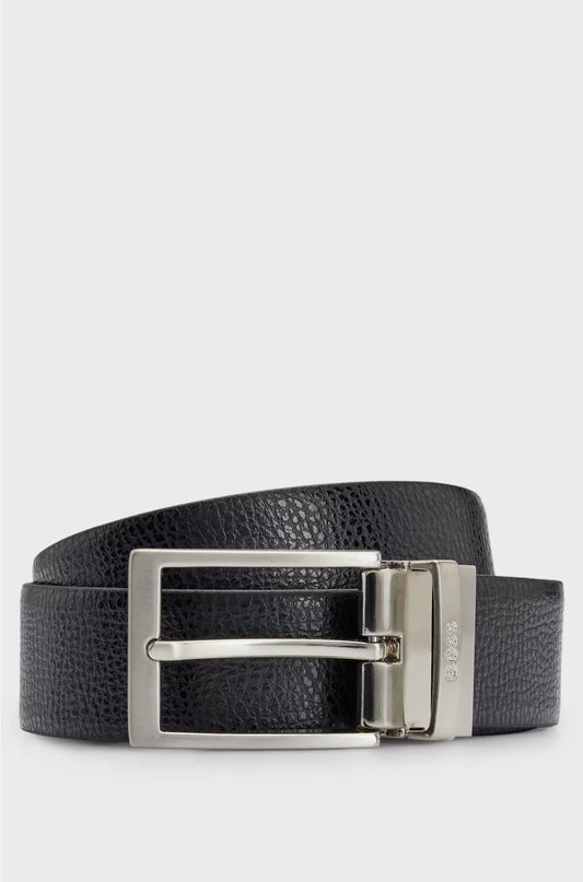 REVERSIBLE BELT IN GRAINED ITALIAN LEATHER WITH LOGO KEEPER