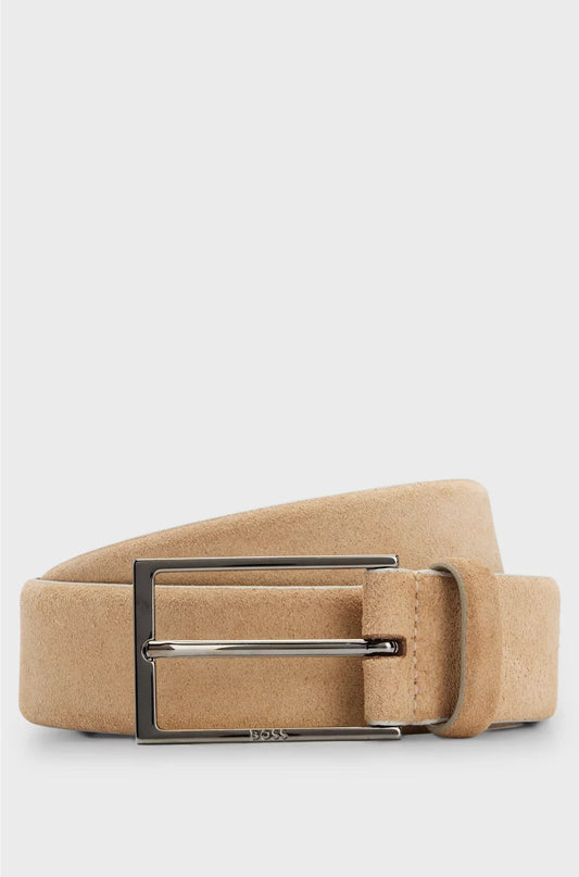 SUEDE BELT WITH LOGO AND GUNMETAL BUCKLE