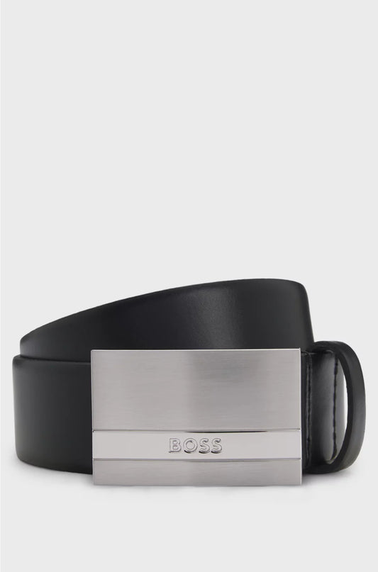 ITALIAN-LEATHER BELT WITH LOGO-PLAQUE BUCKLE