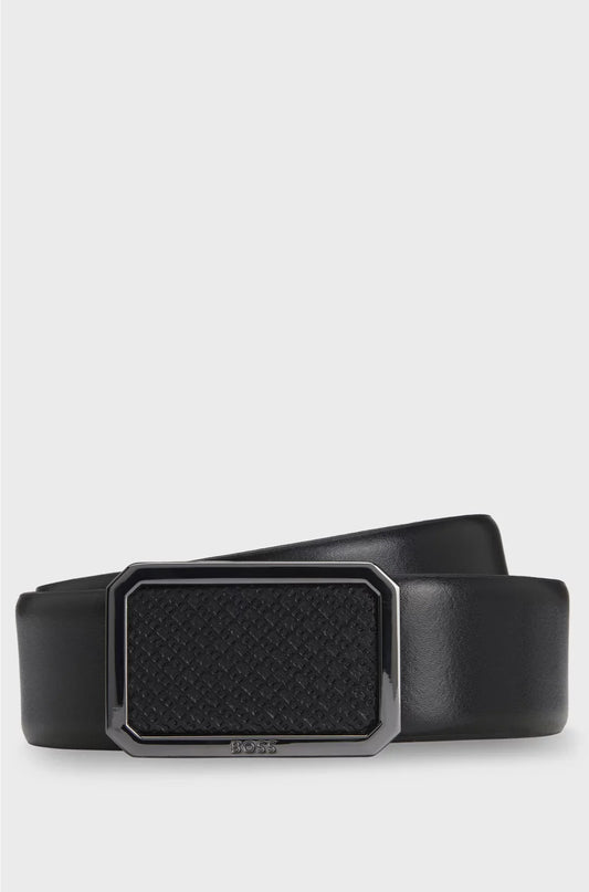 ITALIAN-LEATHER BELT WITH PLAQUE MONOGRAM BUCKLE