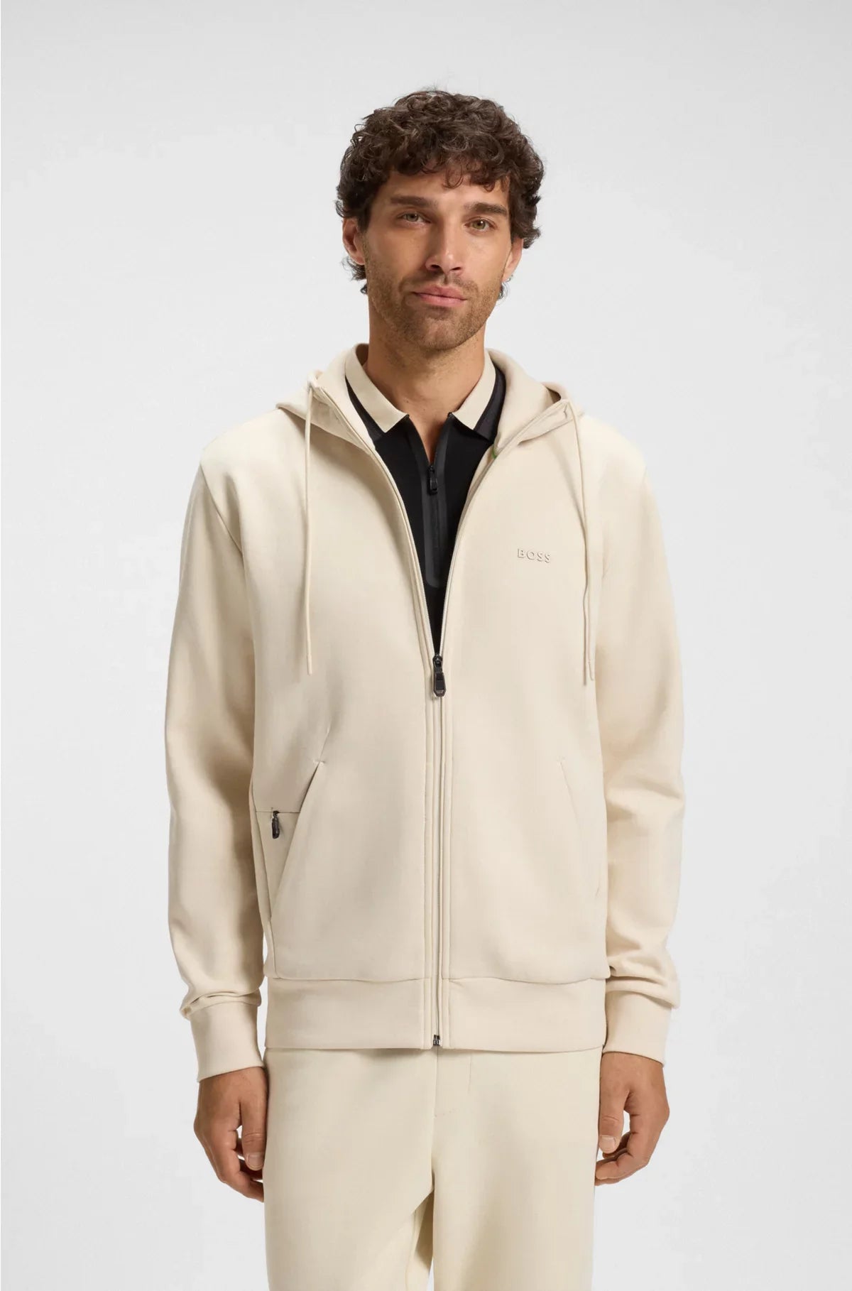 STRETCH-COTTON ZIP-UP HOODIE WITH LOGO PRINT