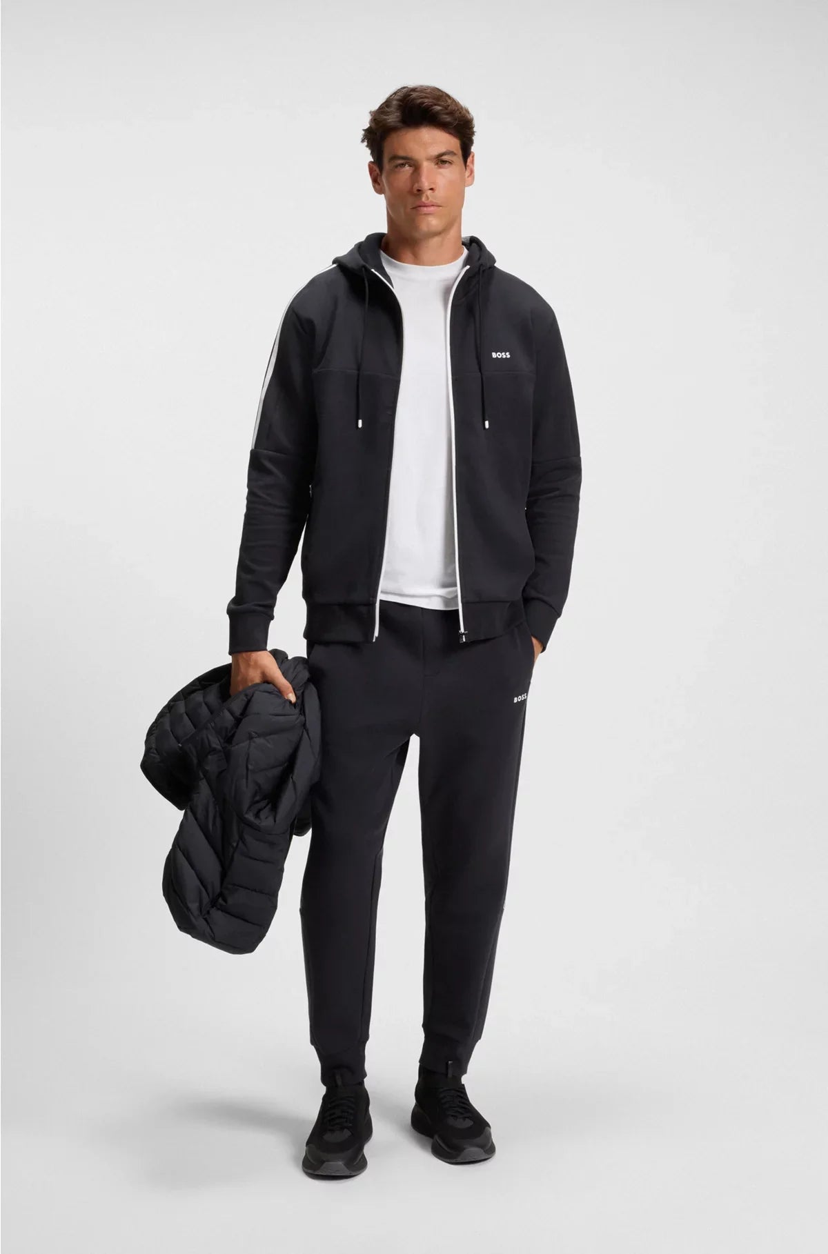 STRETCH-COTTON ZIP-UP HOODIE WITH STRIPE INSERT