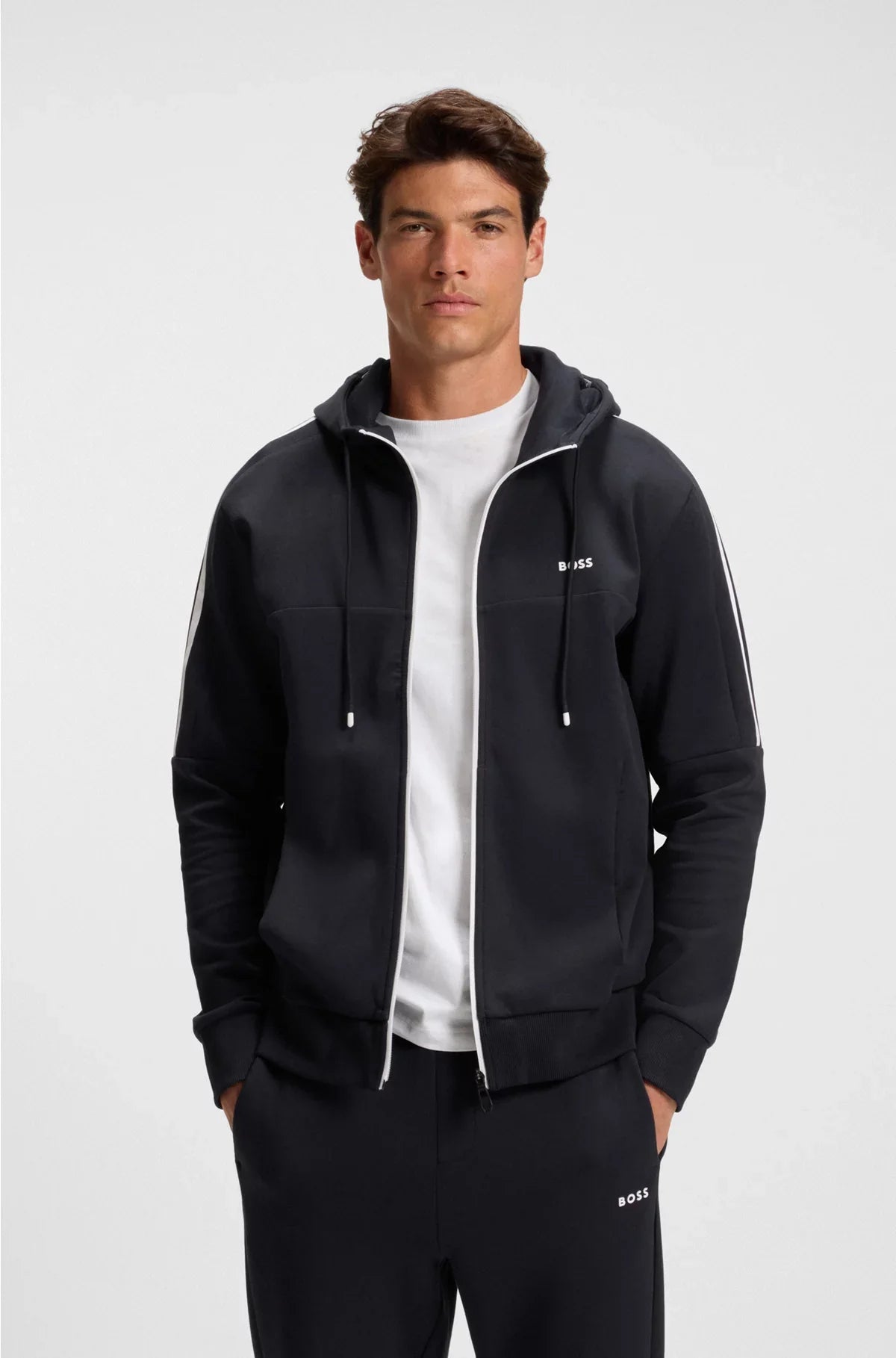 STRETCH-COTTON ZIP-UP HOODIE WITH STRIPE INSERT