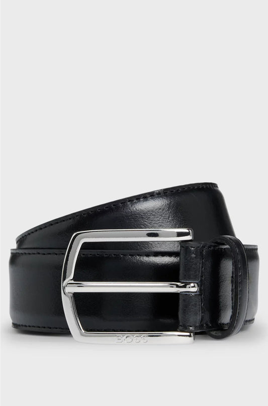 ITALIAN-LEATHER BELT WITH POLISHED LOGO BUCKLE
