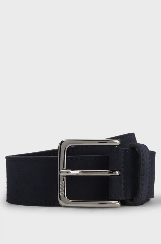 SUEDE BELT WITH LOGO-ENGRAVED GUNMETAL BUCKLE