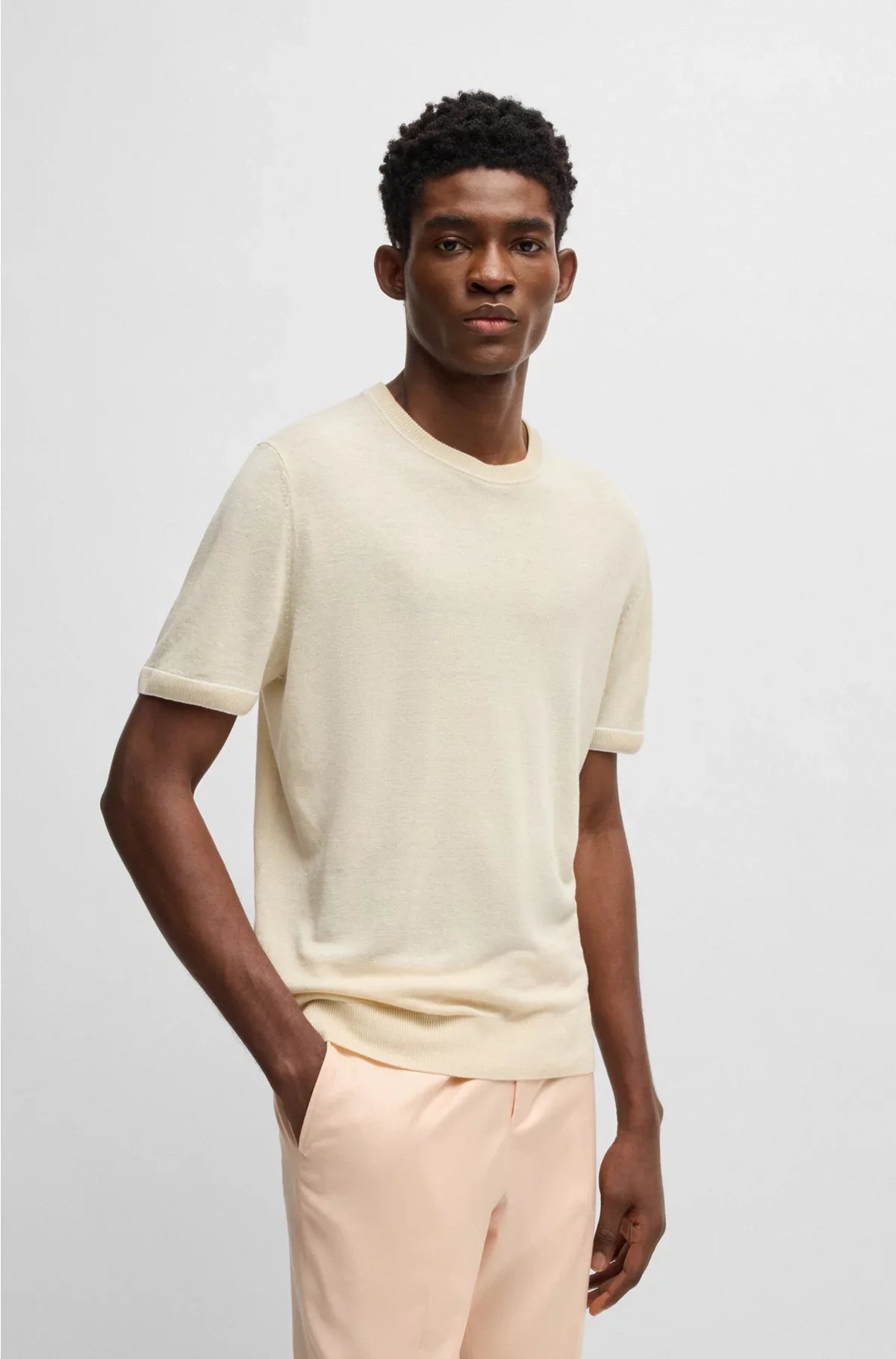 LINEN-BLEND KNIT SWEATSHIRT WITH TIPPING