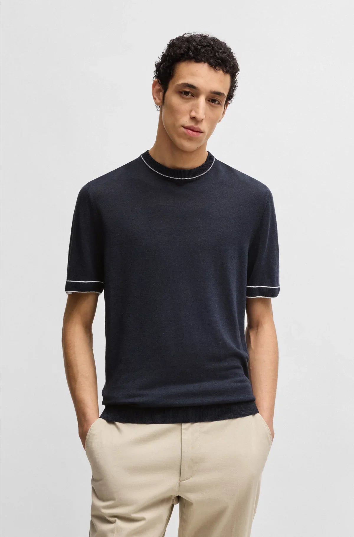 LINEN-BLEND KNIT SWEATSHIRT WITH TIPPING