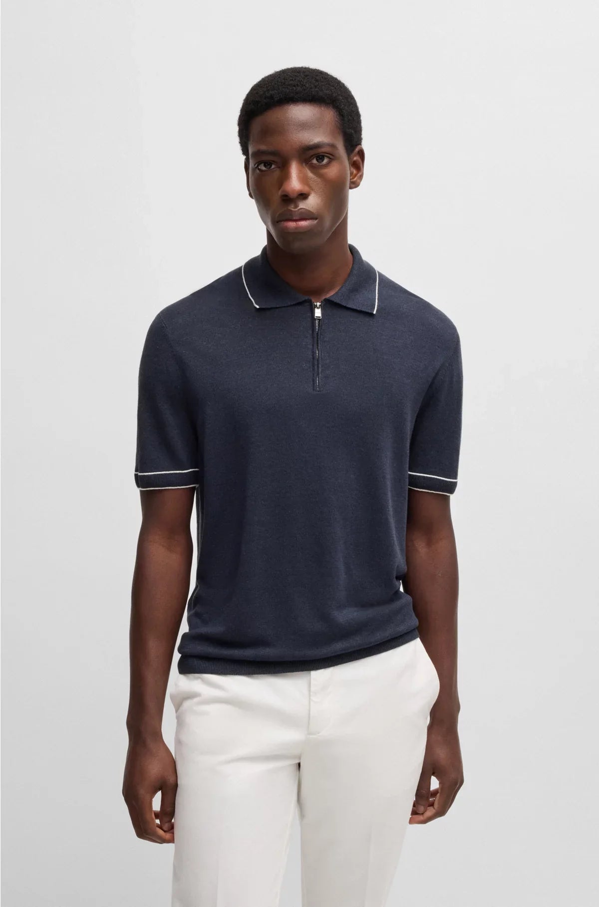LINEN-BLEND KNIT SWEATER WITH ZIP PLACKET