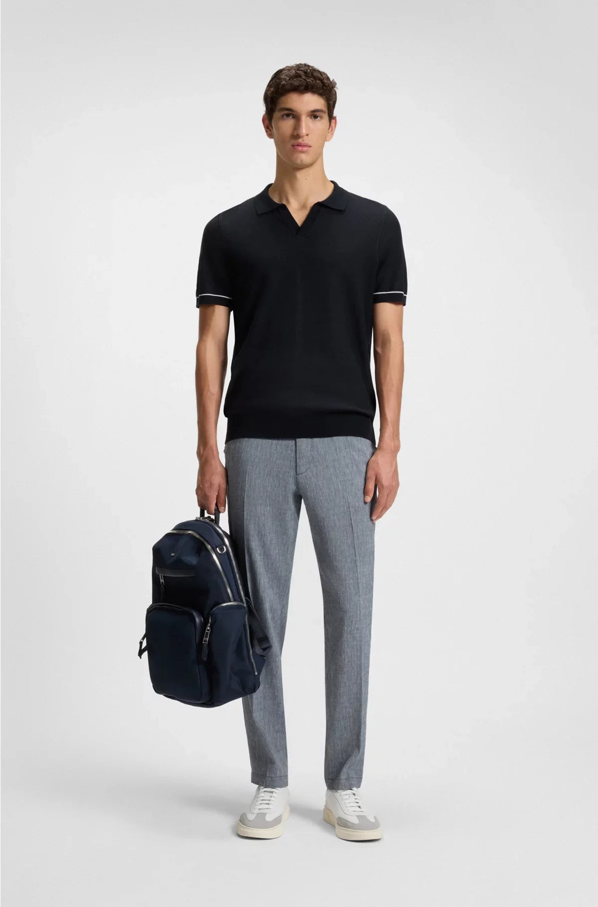 COTTON-BLEND KNIT SWEATER WITH JOHNNY COLLAR