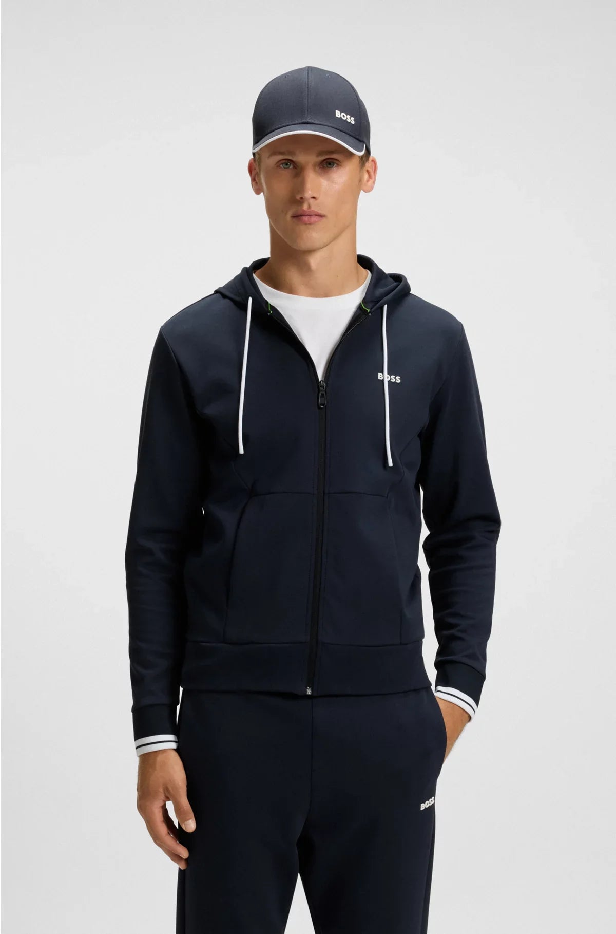 COTTON-BLEND ZIP-UP HOODIE WITH STRIPE DETAILS