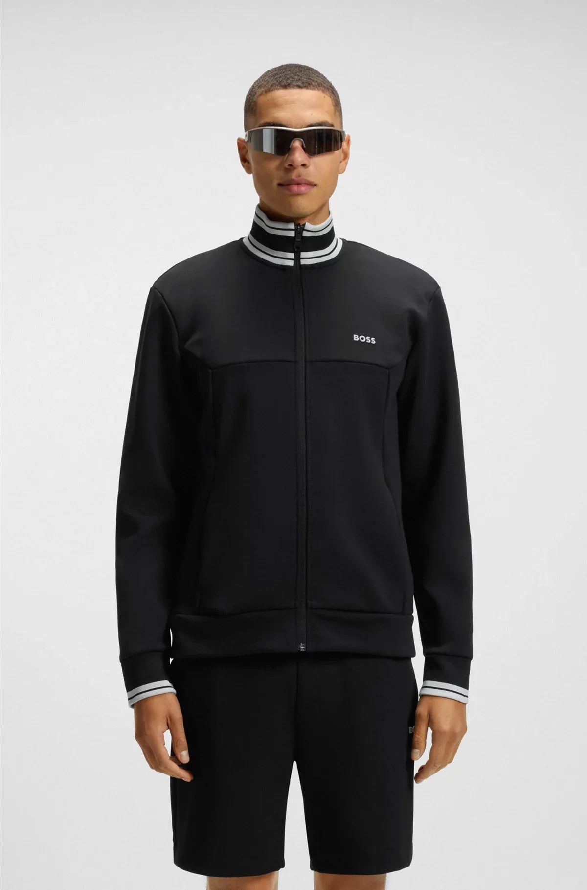 COTTON-BLEND ZIP-UP SWEATSHIRT WITH STRIPED TRIMS