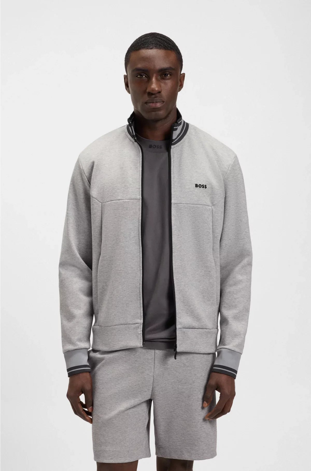 COTTON-BLEND ZIP-UP SWEATSHIRT WITH STRIPED TRIMS