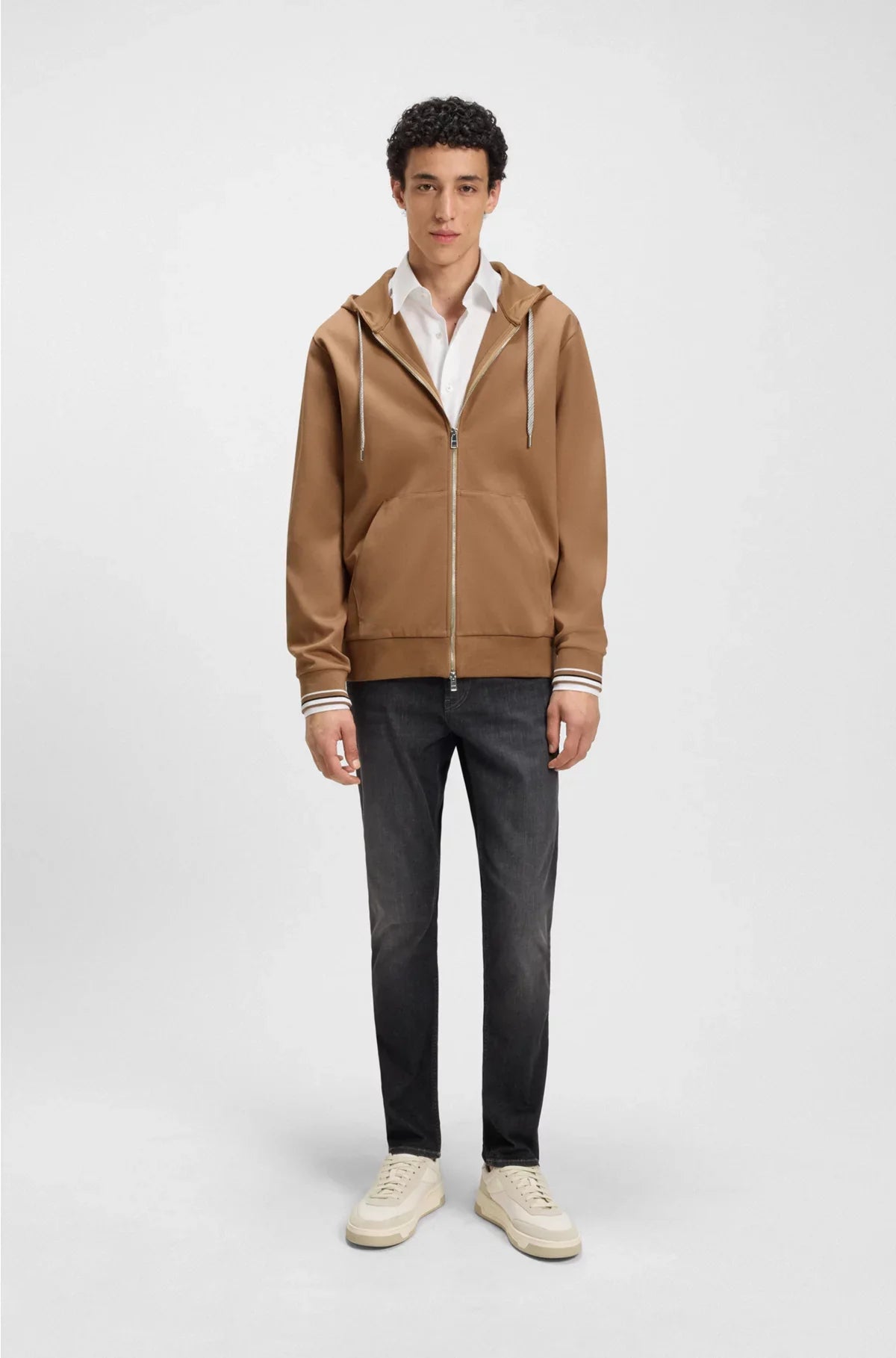 COTTON-BLEND ZIP-UP HOODIE WITH PATTERNED DRAWCORDS