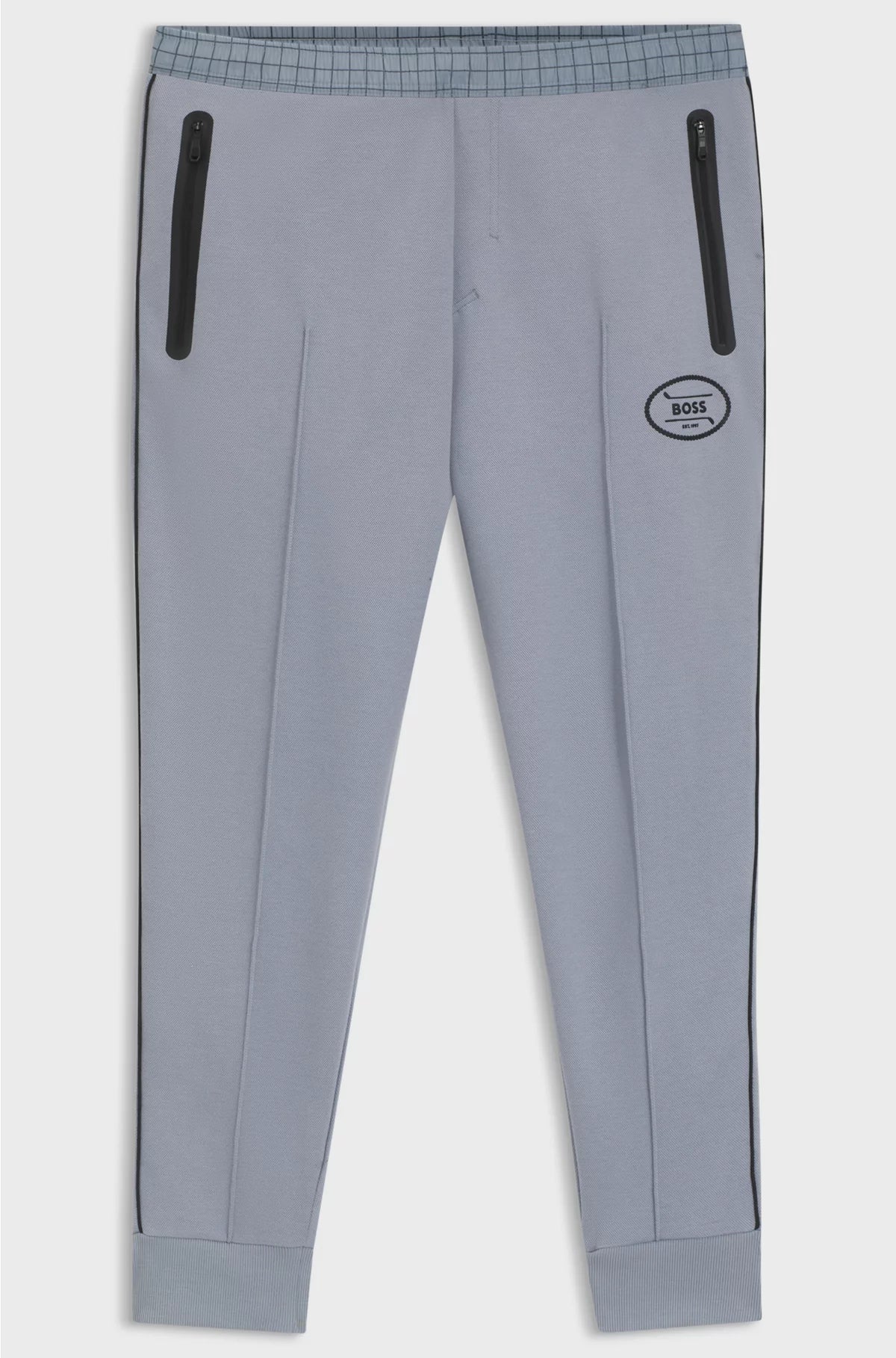 CHECK-PRINT TRACKSUIT BOTTOMS IN STRETCH PIQUE