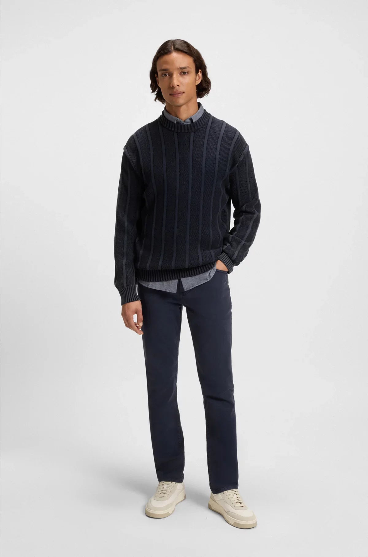 COTTON SWEATER WITH RIB AND RICECORN STRUCTURES
