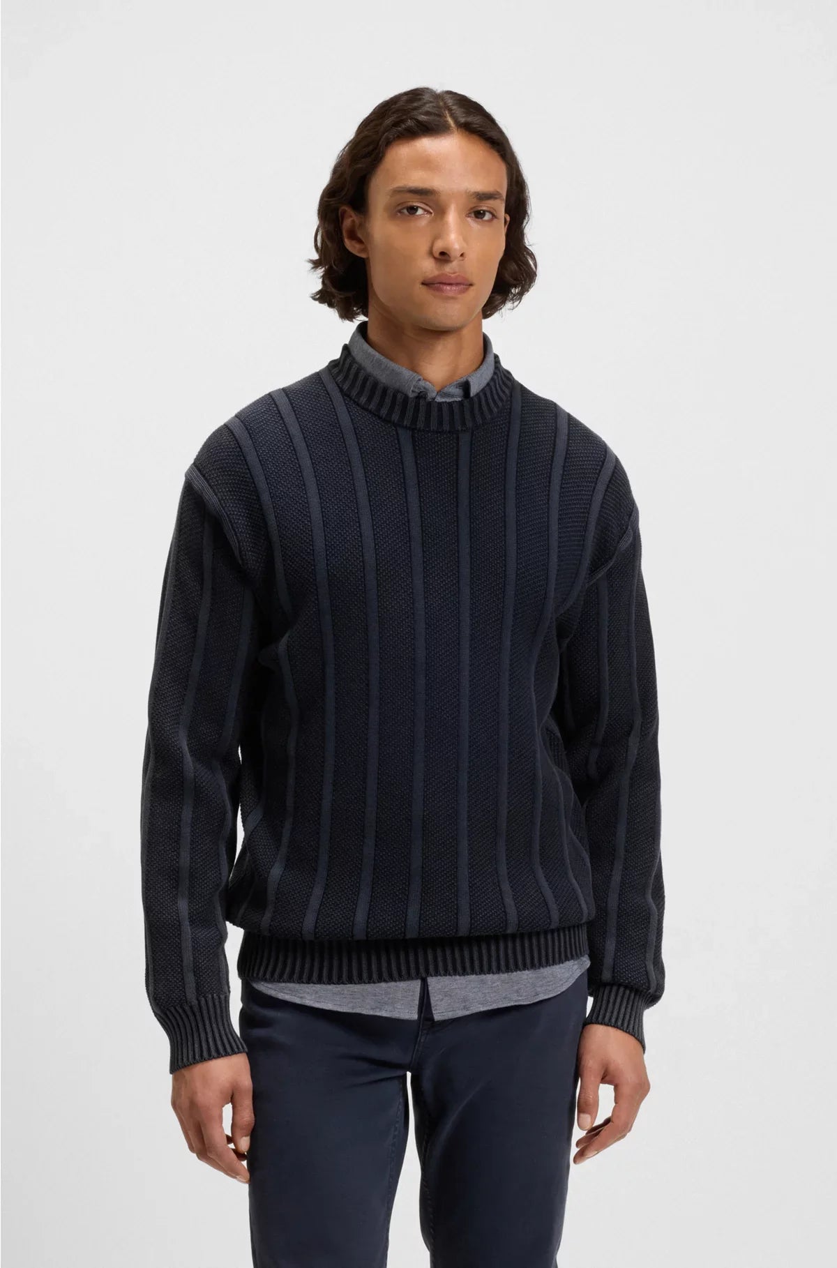 COTTON SWEATER WITH RIB AND RICECORN STRUCTURES