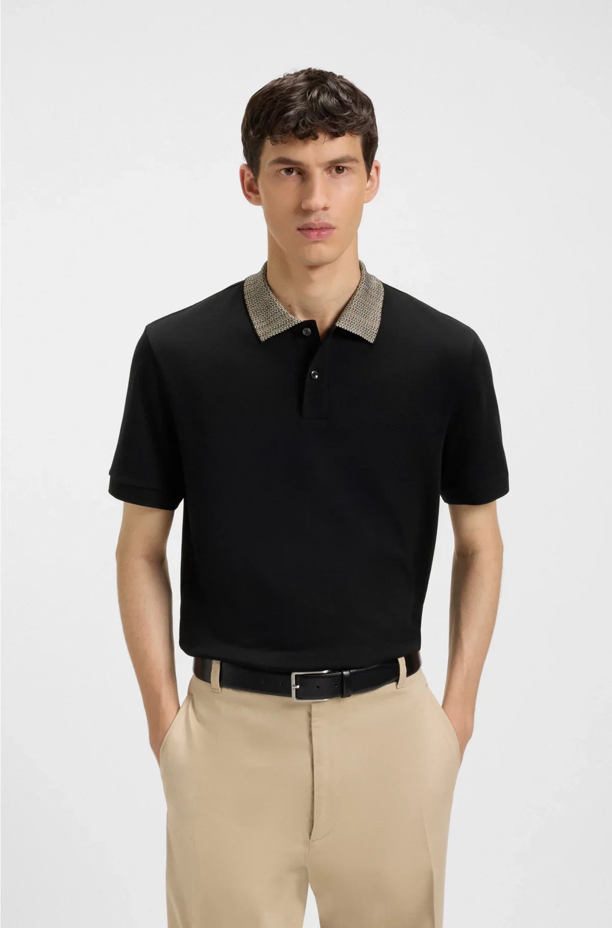 PIMA-COTTON POLO SHIRT WITH PATTERNED COLLAR
