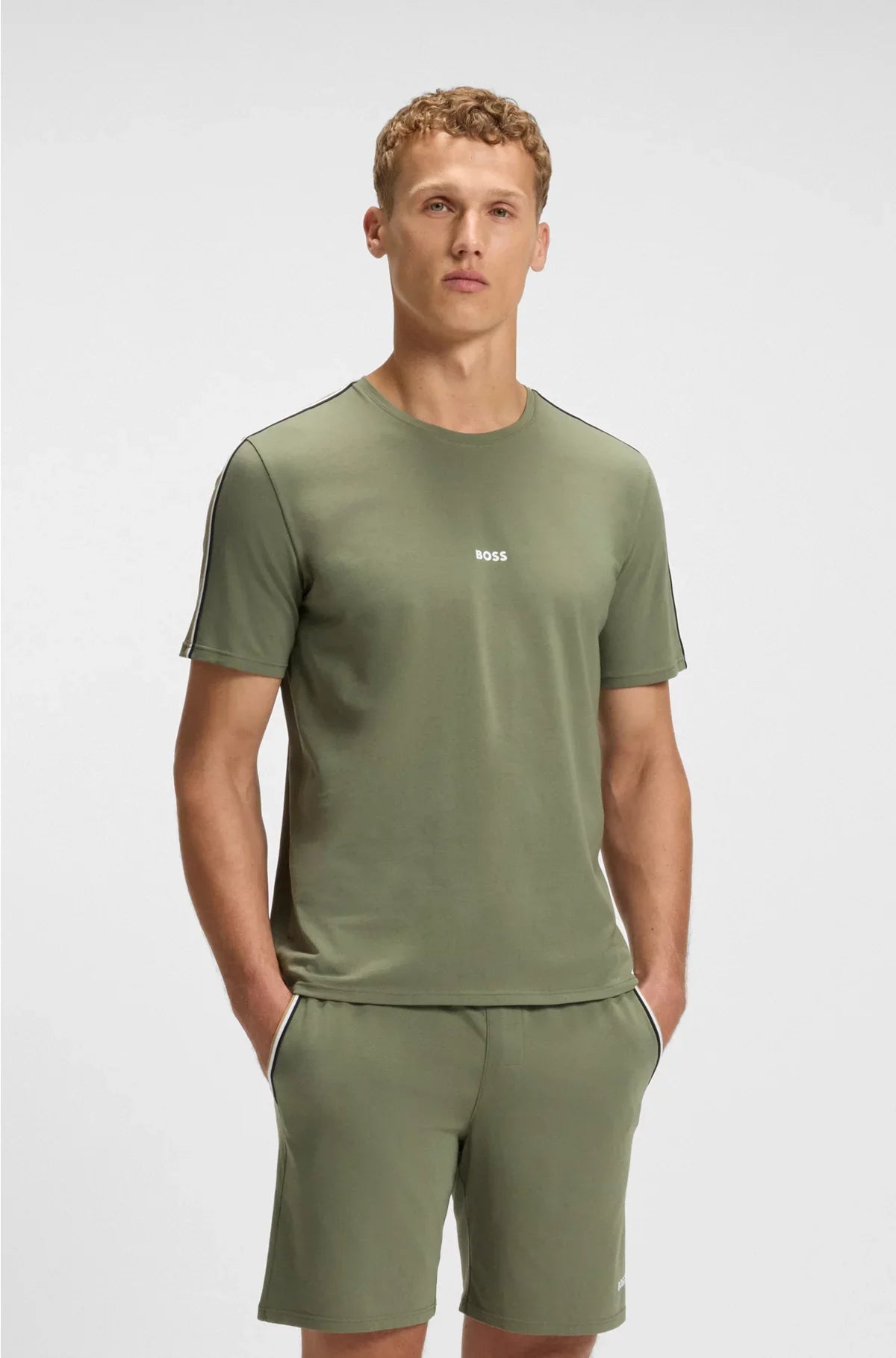 STRETCH-COTTON PYJAMA T-SHIRT WITH SIGNATURE-STRIPE TAPE