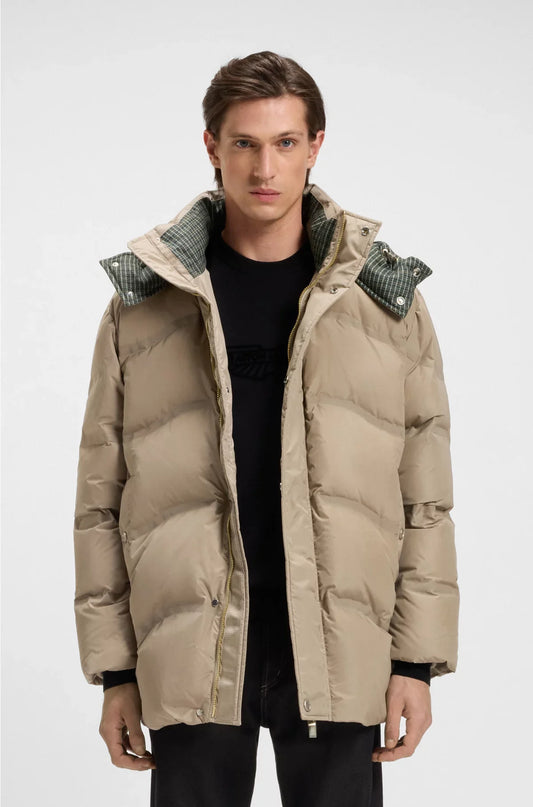 PUFFER JACKET WITH TWEED TRIMS