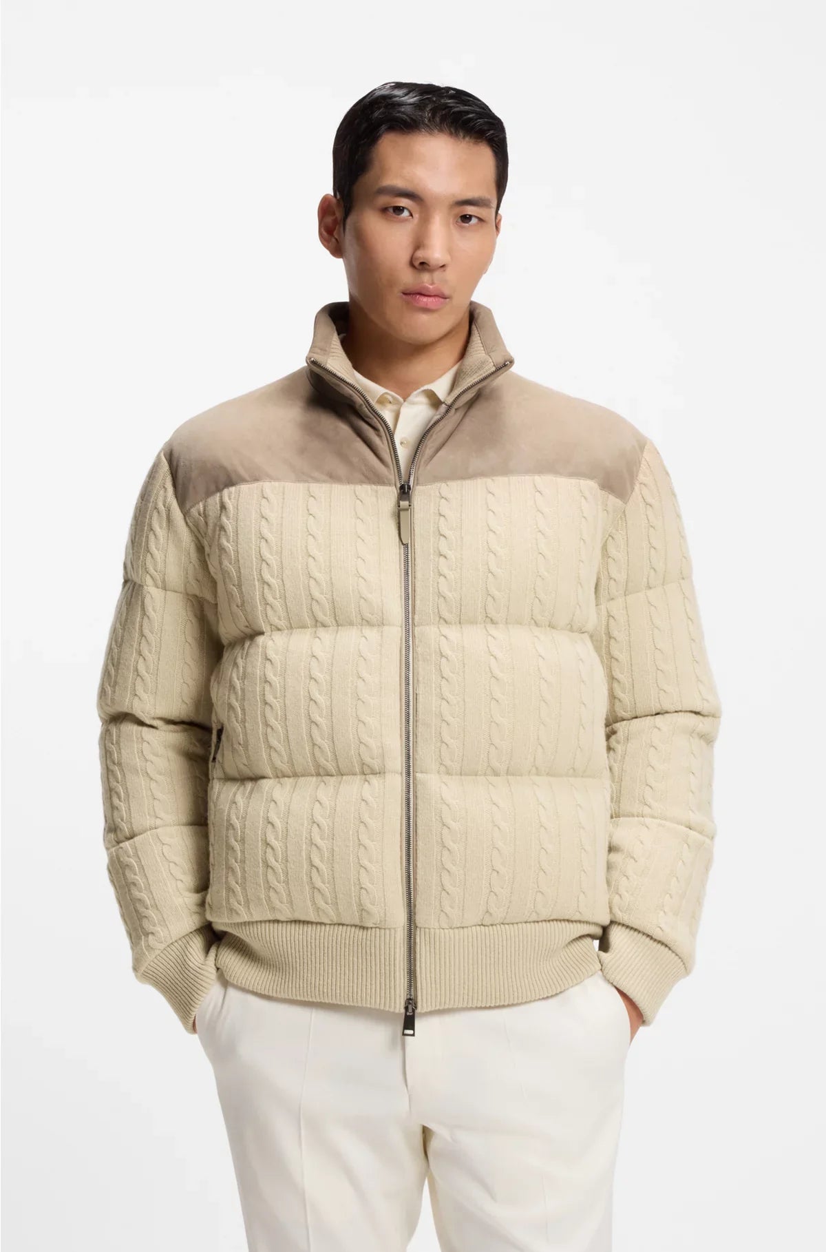 DOWN JACKET IN WOOL AND CASHMERE WITH SUEDE TRIMS
