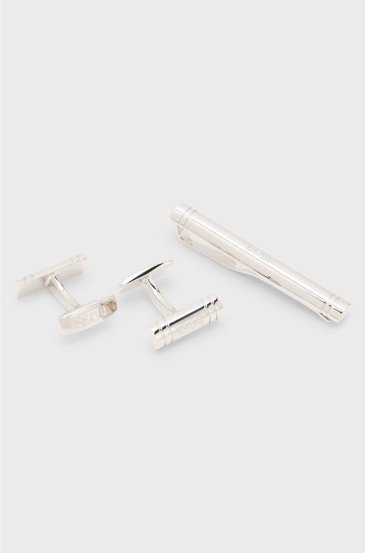 GIFT-BOXED BRASS CUFFLINKS AND TIE BAR SET