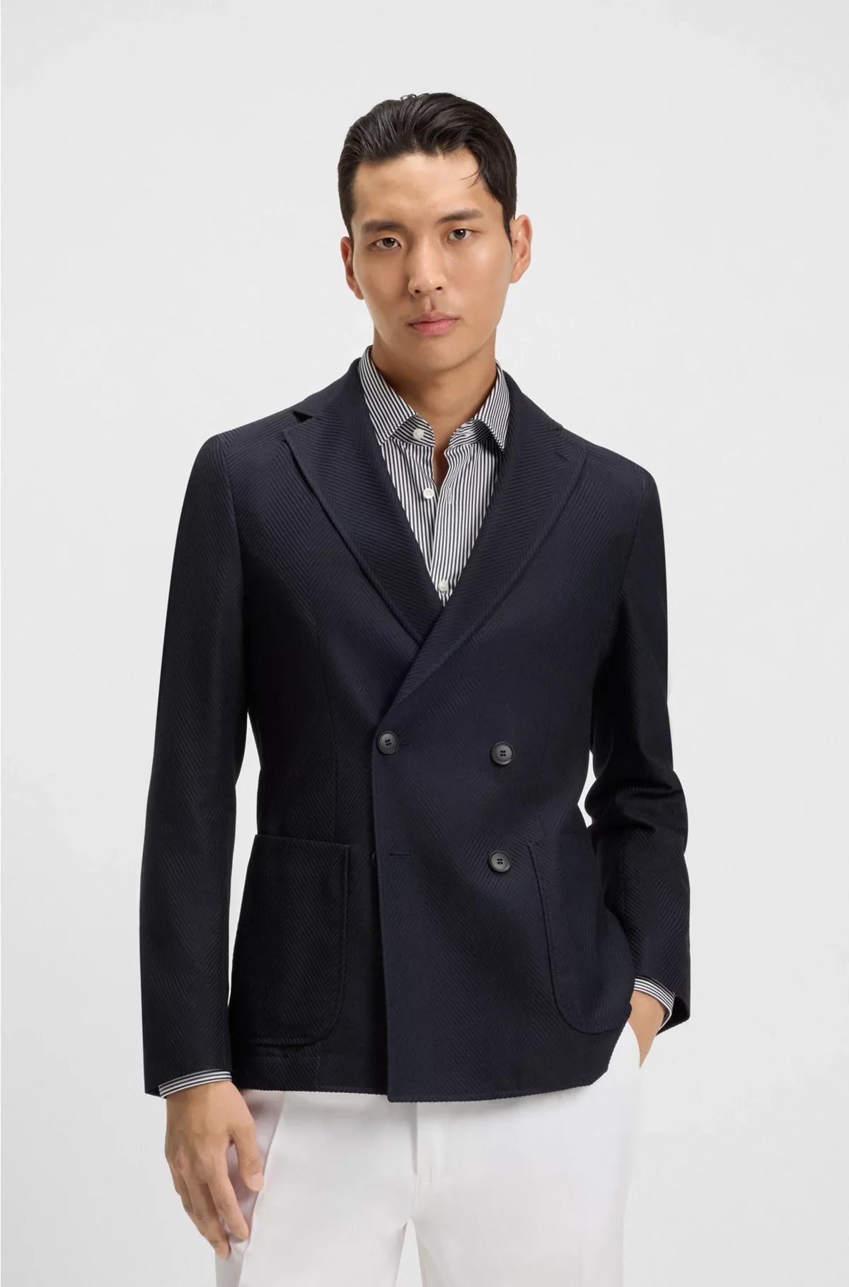 DOUBLE-BREASTED BLAZER IN COTTON AND VIRGIN-WOOL SEERSUCKER
