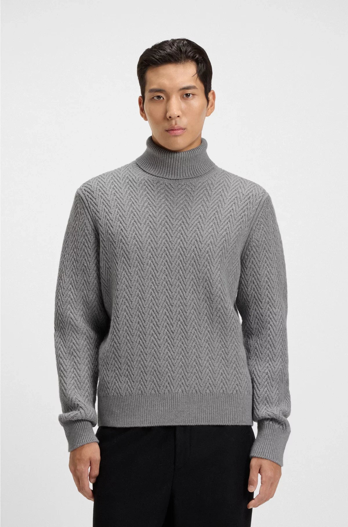 REGULAR FIT ROLLNECK SWEATER IN HERRINGBONE VIRGIN WOOL