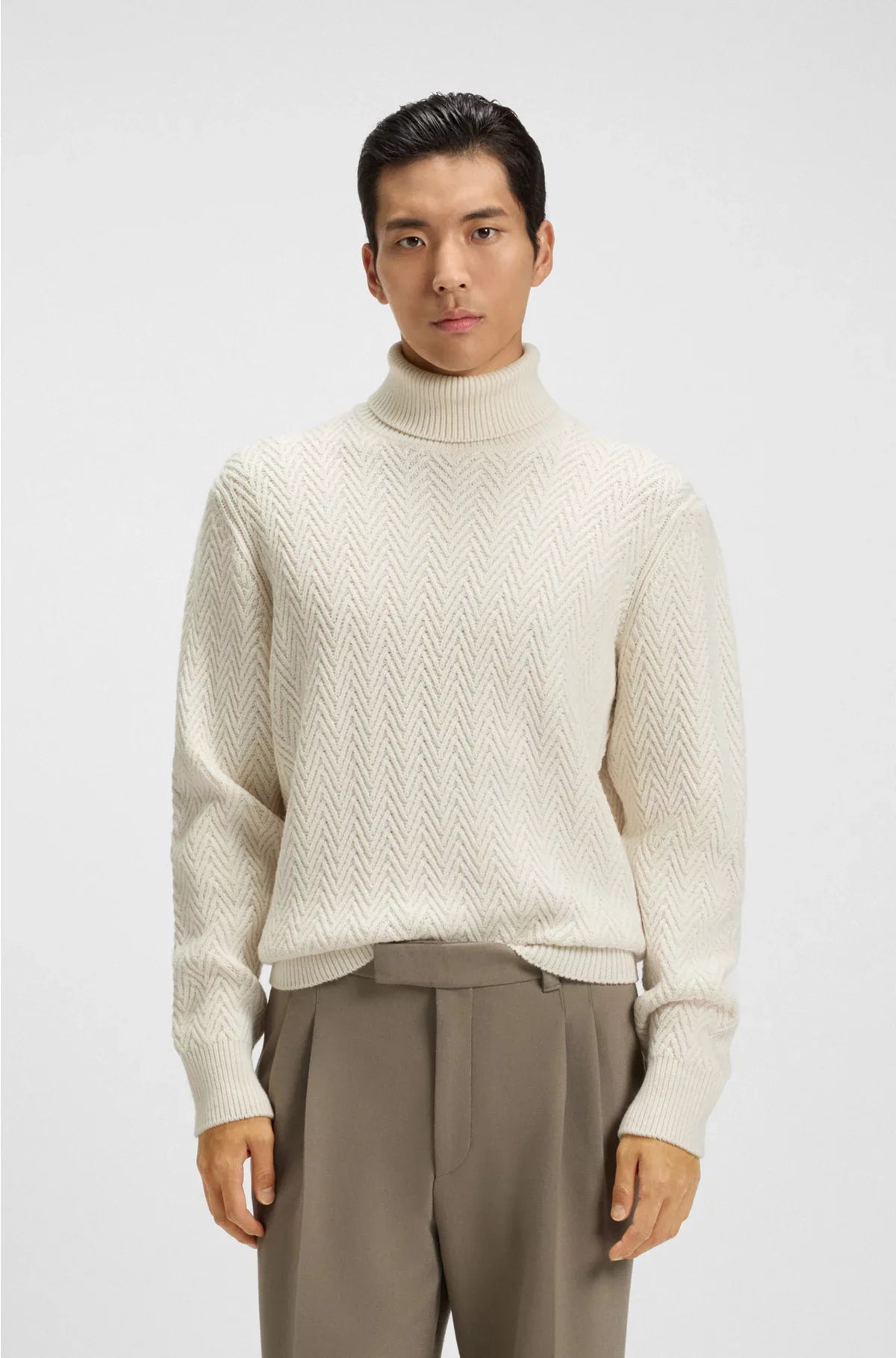 REGULAR FIT ROLLNECK SWEATER IN HERRINGBONE VIRGIN WOOL