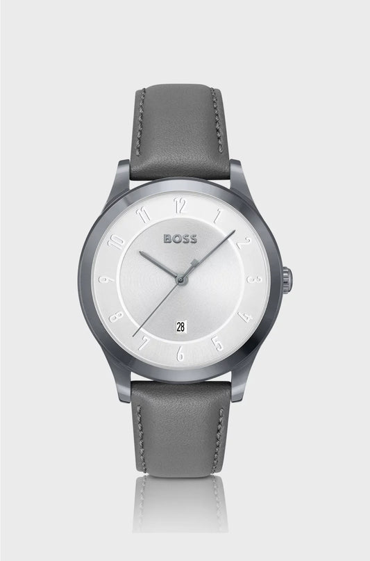 GREY-PLATED WATCH WITH LEATHER STRAP