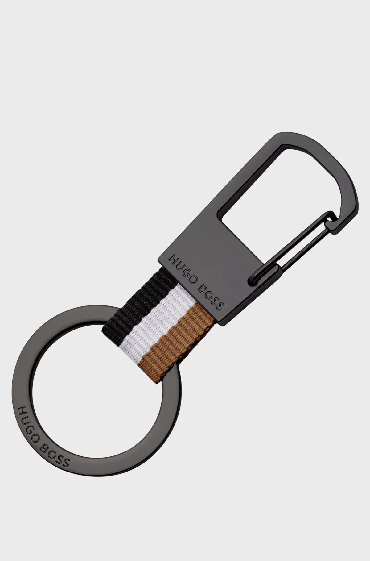 SIGNATURE-STRIPE KEY RING WITH DARK-CHROME ACCENTS