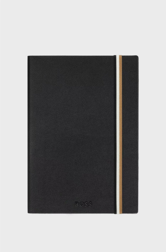 BLACK FAUX-LEATHER A5 NOTEBOOK WITH SIGNATURE-STRIPE STRAP