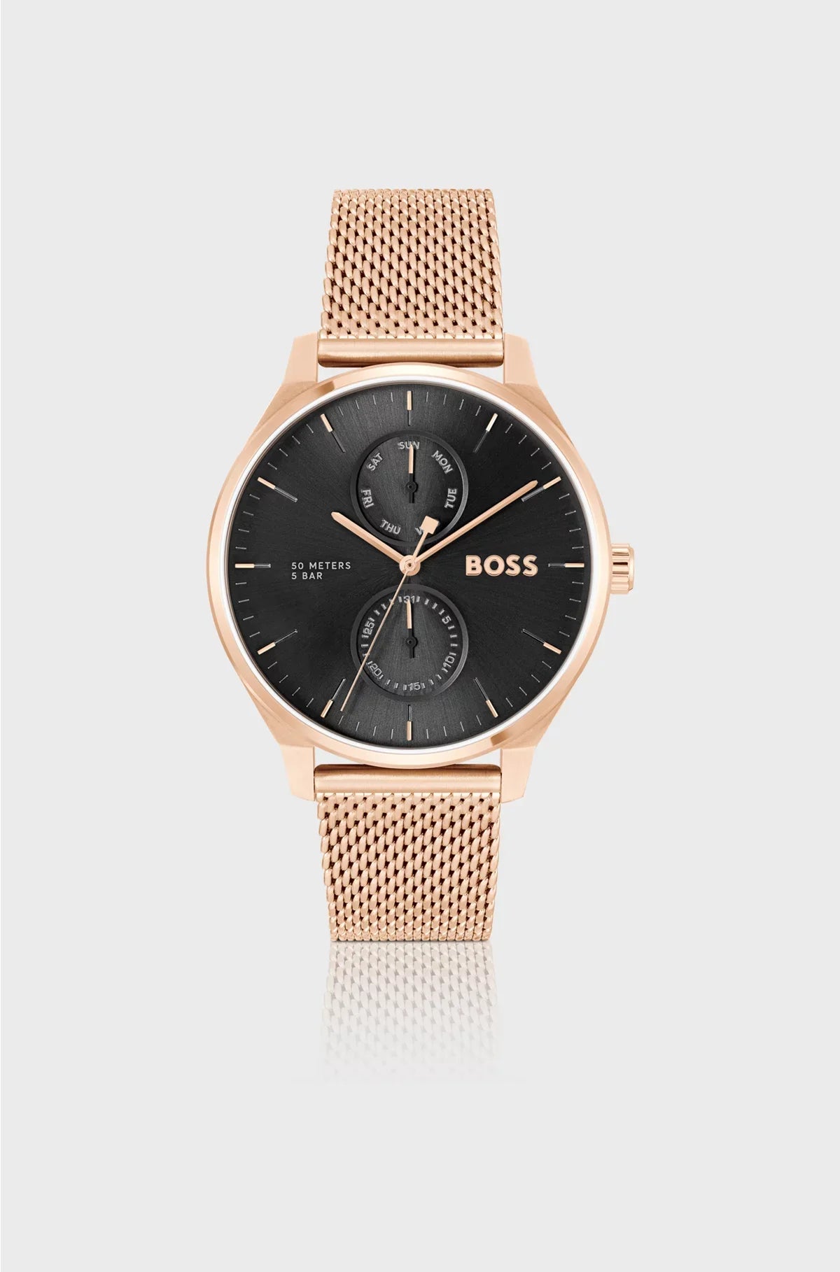 OROLOGIO CON QUADRANTE NERO E BRACCIALE A MAGLIE MILANESI COLOR ORO ROSA